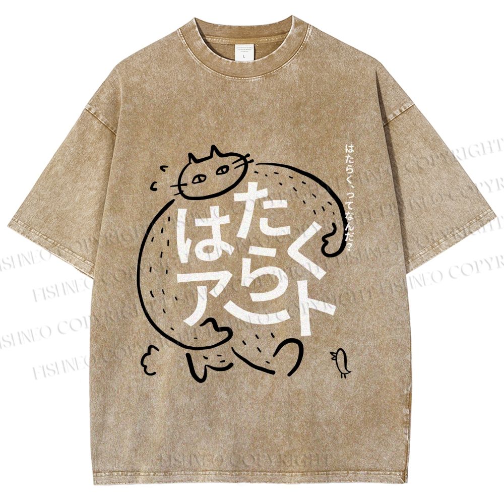 Unisex Vintage Japanese Funny Cat Printed Washed Tee