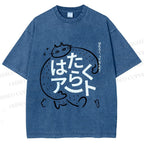 Unisex Vintage Japanese Funny Cat Printed Washed Tee