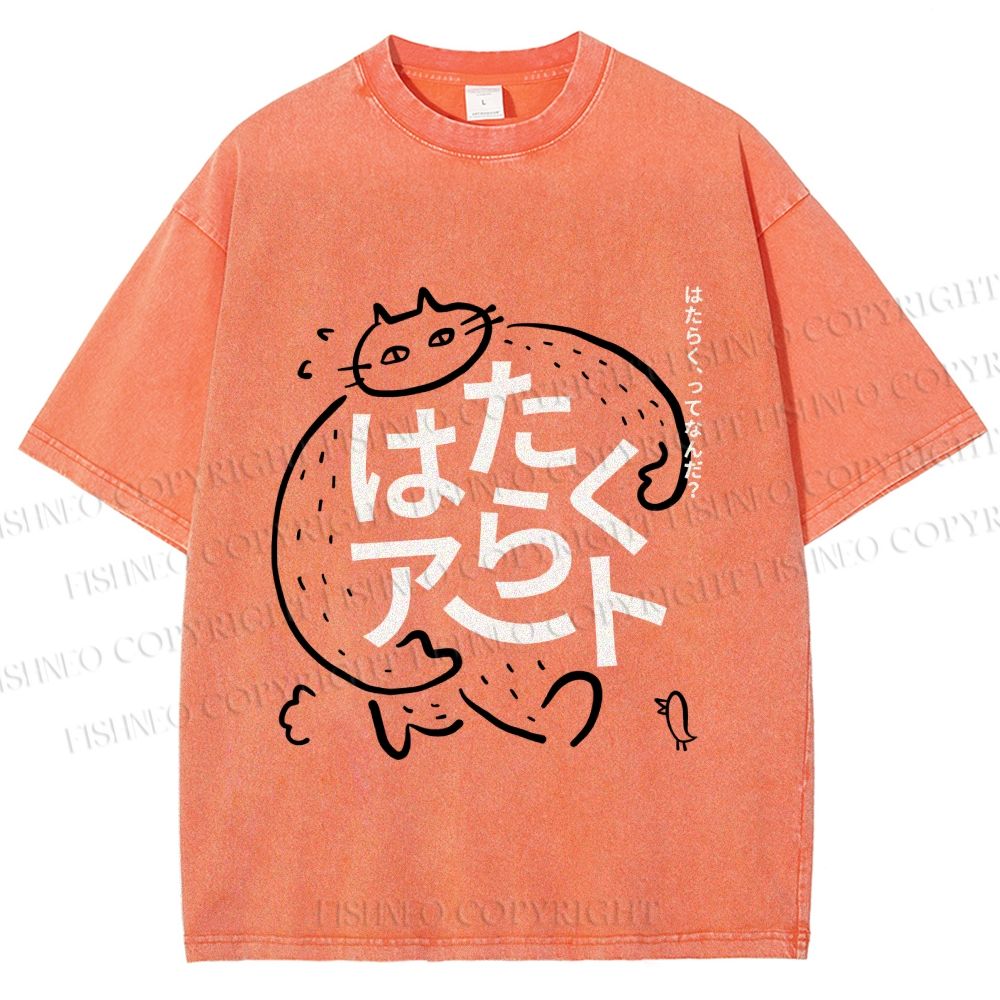Unisex Vintage Japanese Funny Cat Printed Washed Tee