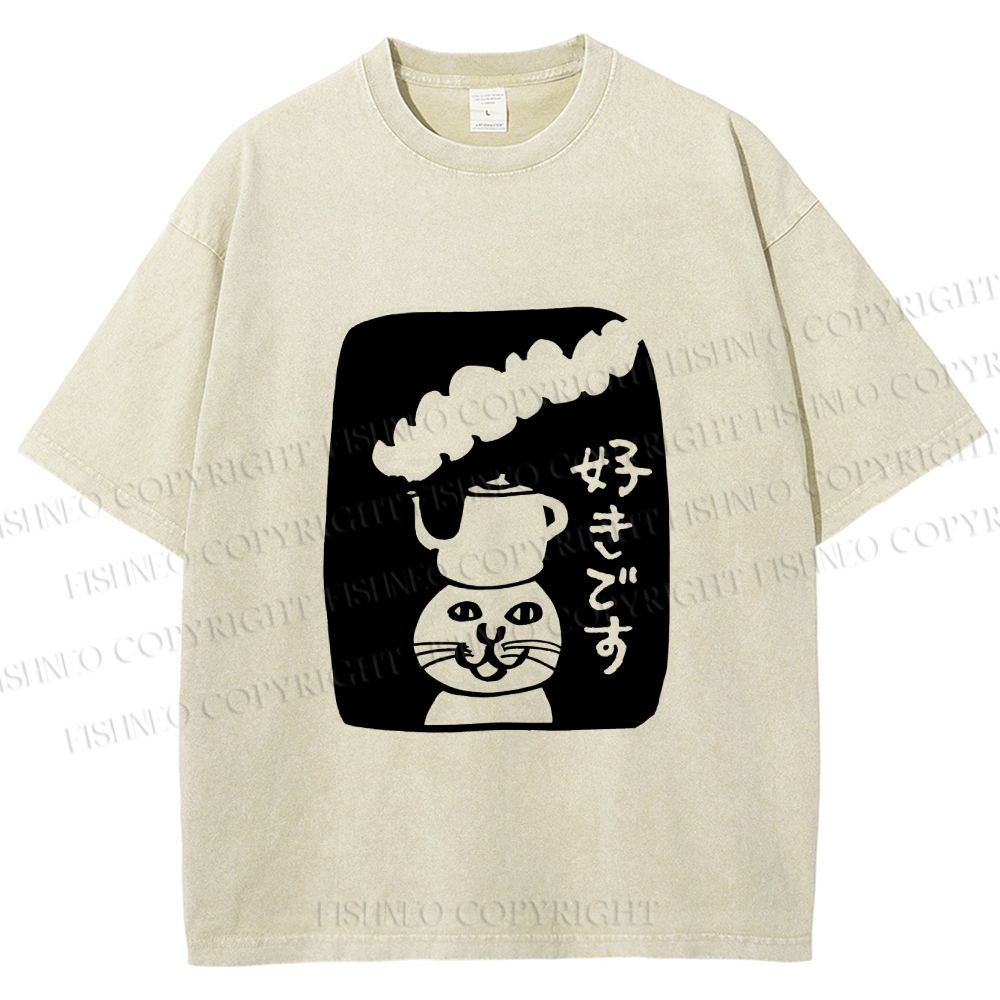 Unisex Vintage Japanese Silly Cat Coffee Printed Washed Tee