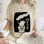 Unisex Vintage Japanese Silly Cat Coffee Printed Washed Tee