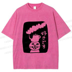 Unisex Vintage Japanese Silly Cat Coffee Printed Washed Tee
