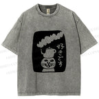 Unisex Vintage Japanese Silly Cat Coffee Printed Washed Tee