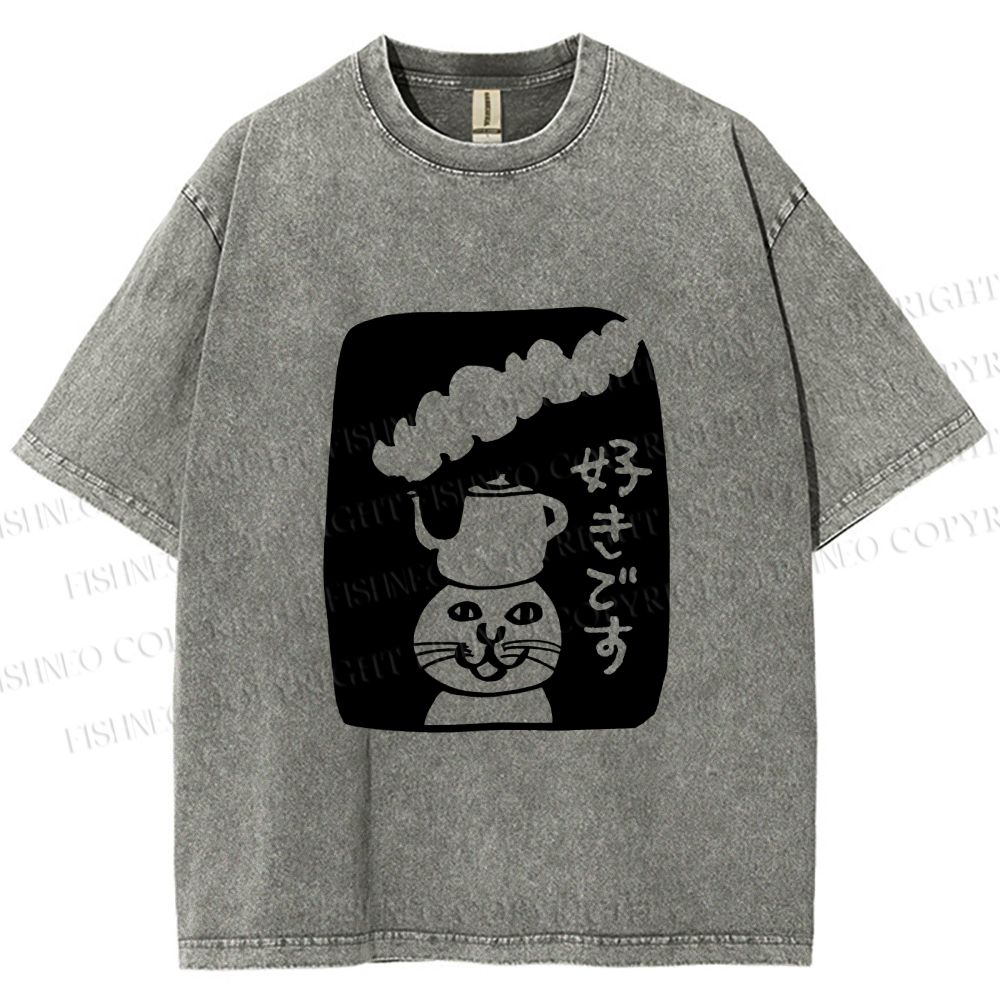 Unisex Vintage Japanese Silly Cat Coffee Printed Washed Tee