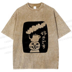Unisex Vintage Japanese Silly Cat Coffee Printed Washed Tee