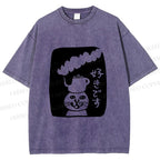Unisex Vintage Japanese Silly Cat Coffee Printed Washed Tee