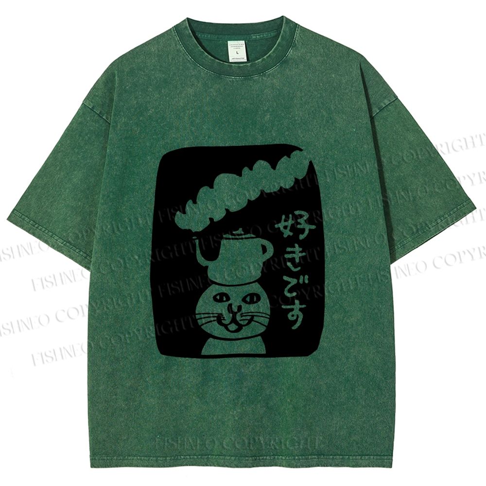 Unisex Vintage Japanese Silly Cat Coffee Printed Washed Tee