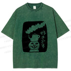 Unisex Vintage Japanese Silly Cat Coffee Printed Washed Tee