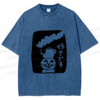 Unisex Vintage Japanese Silly Cat Coffee Printed Washed Tee