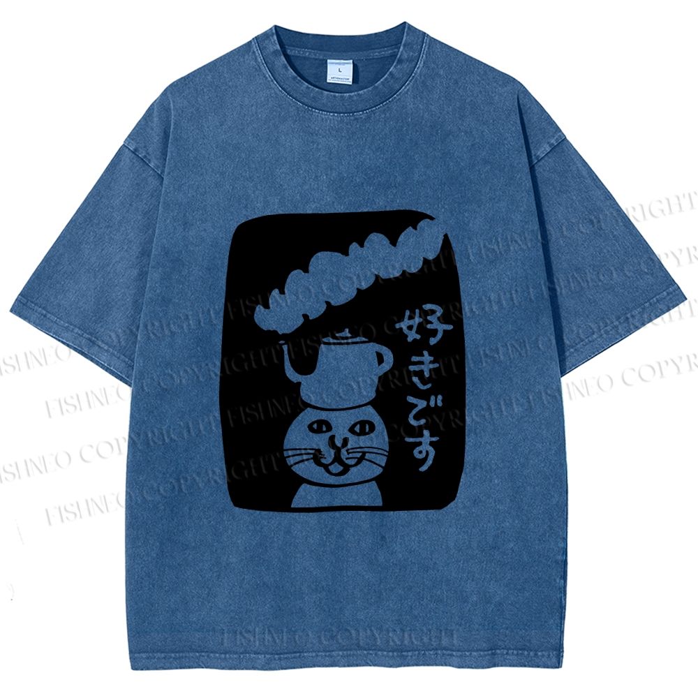 Unisex Vintage Japanese Silly Cat Coffee Printed Washed Tee