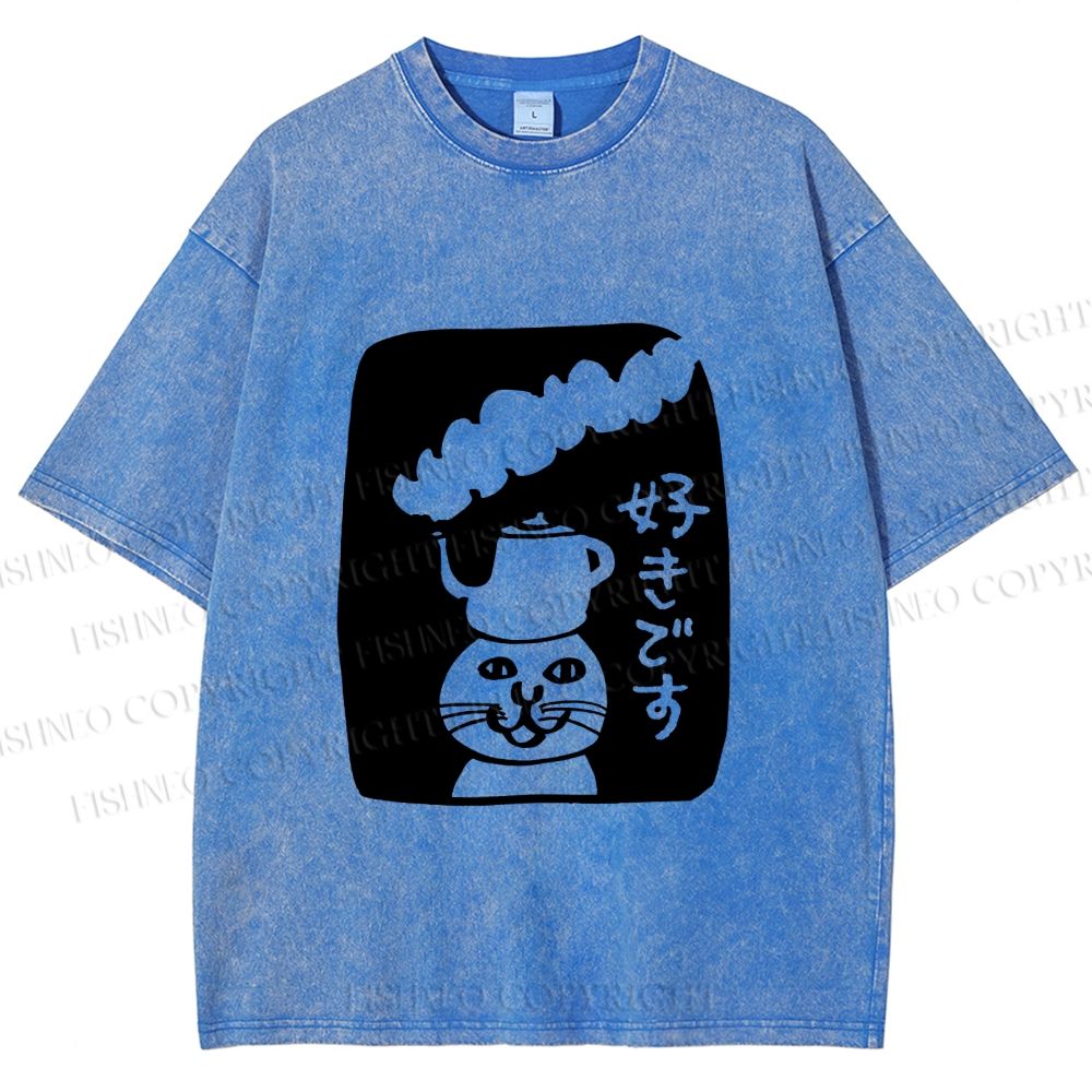 Unisex Vintage Japanese Silly Cat Coffee Printed Washed Tee