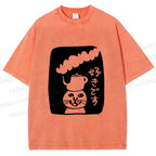 Unisex Vintage Japanese Silly Cat Coffee Printed Washed Tee