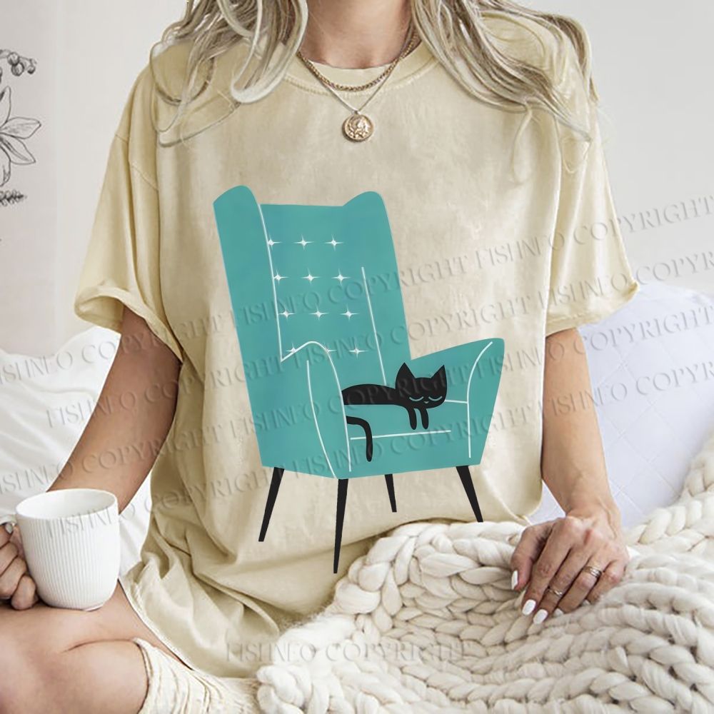 Unisex Cat Sofa Printed Washed Tee