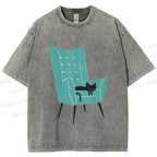 Unisex Cat Sofa Printed Washed Tee