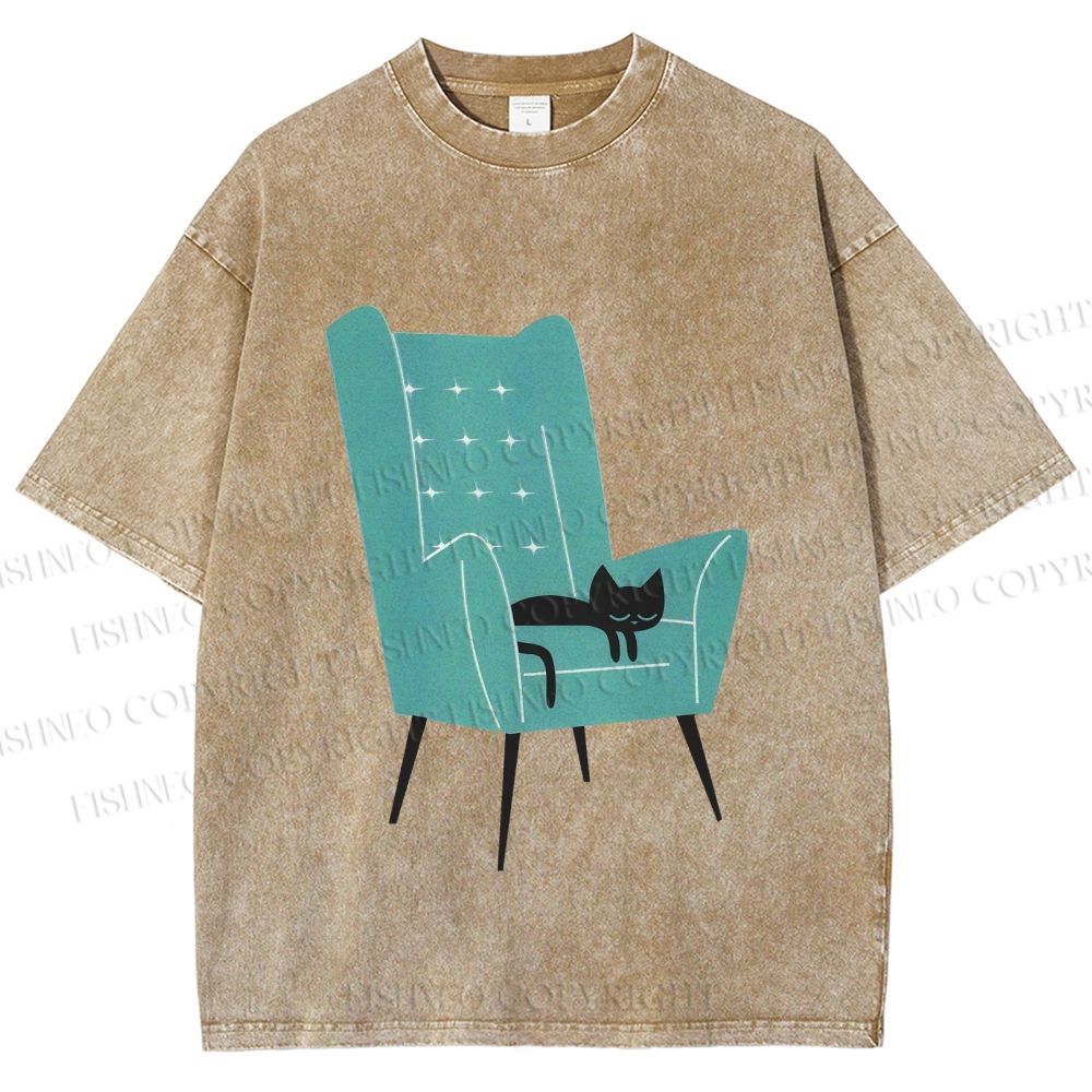 Unisex Cat Sofa Printed Washed Tee