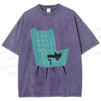 Unisex Cat Sofa Printed Washed Tee