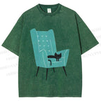 Unisex Cat Sofa Printed Washed Tee