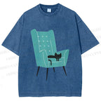 Unisex Cat Sofa Printed Washed Tee