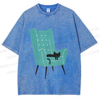 Unisex Cat Sofa Printed Washed Tee