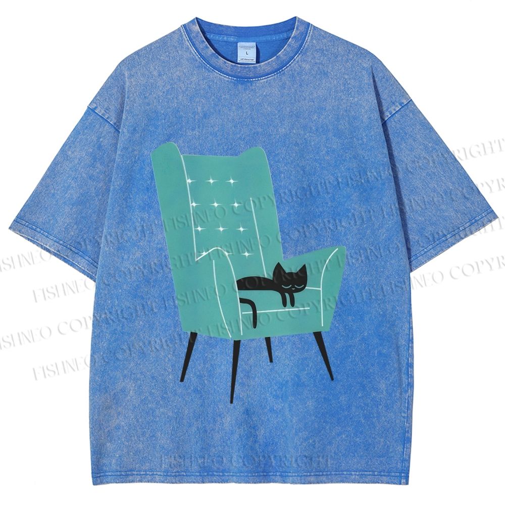 Unisex Cat Sofa Printed Washed Tee