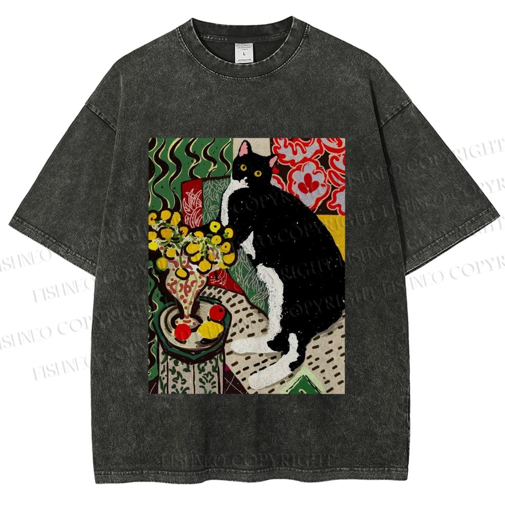 Unisex Cat Painting Printed Washed Tee