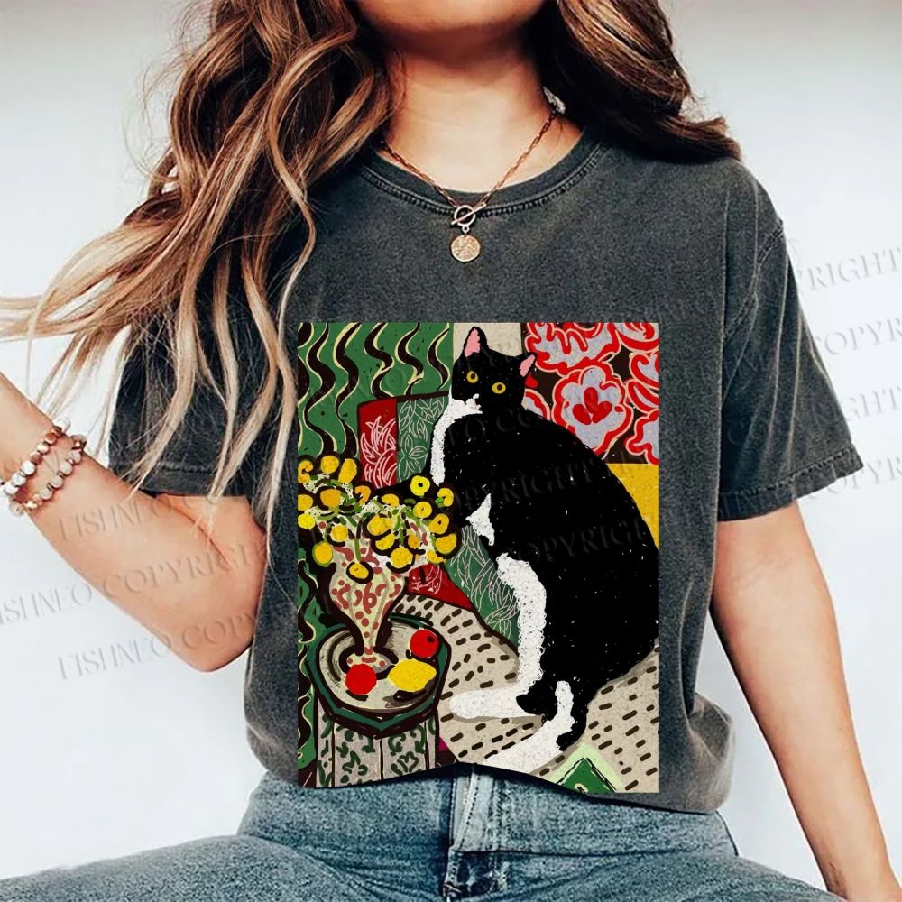 Unisex Cat Painting Printed Washed Tee