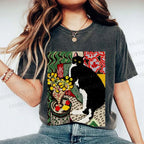Unisex Cat Painting Printed Washed Tee