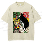 Unisex Cat Painting Printed Washed Tee