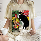 Unisex Cat Painting Printed Washed Tee