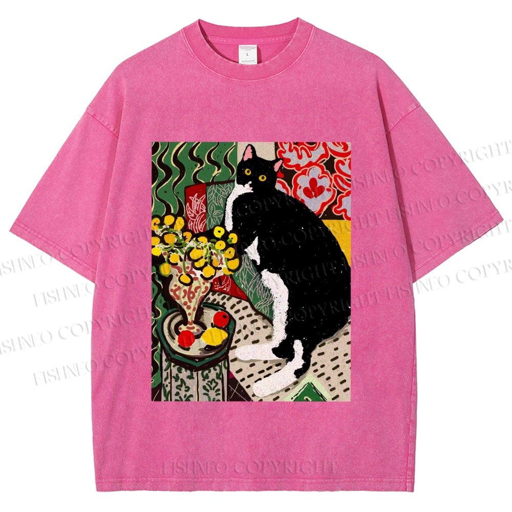 Unisex Cat Painting Printed Washed Tee