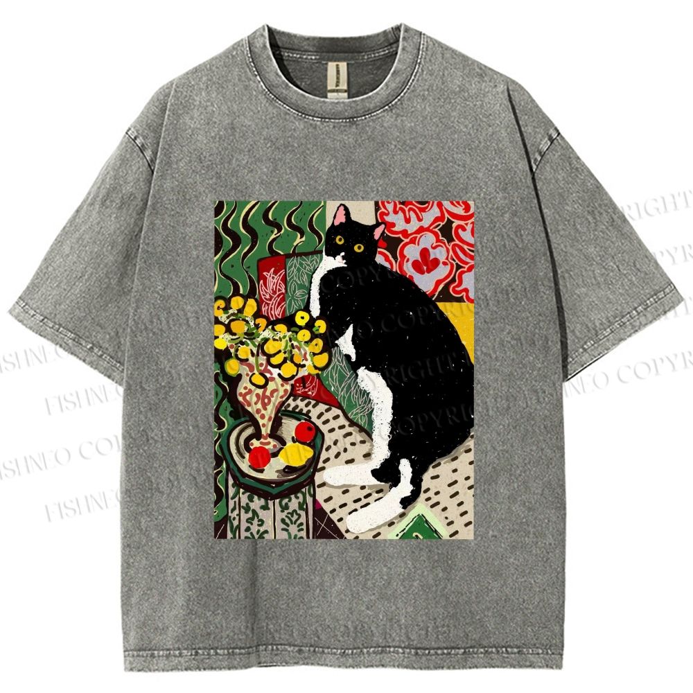 Unisex Cat Painting Printed Washed Tee