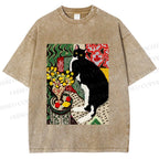 Unisex Cat Painting Printed Washed Tee