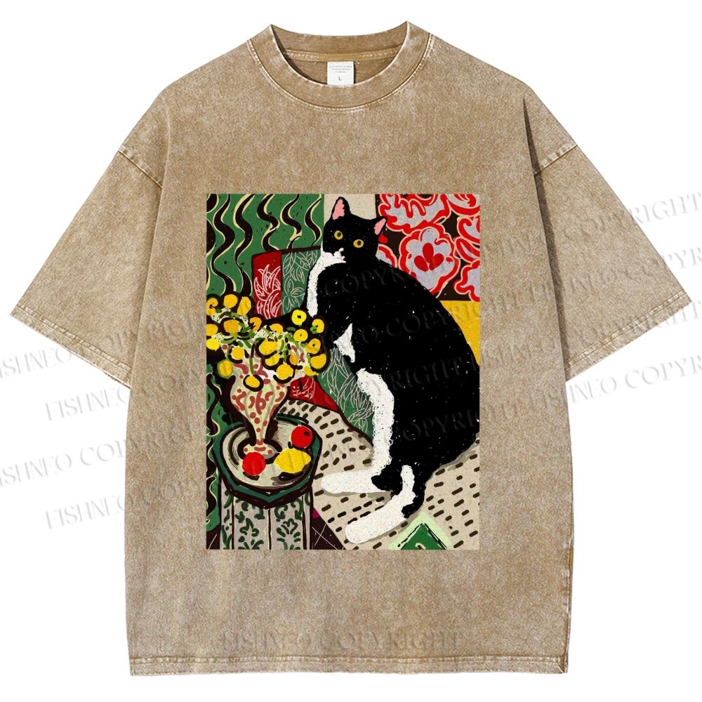Unisex Cat Painting Printed Washed Tee