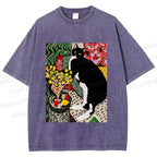 Unisex Cat Painting Printed Washed Tee