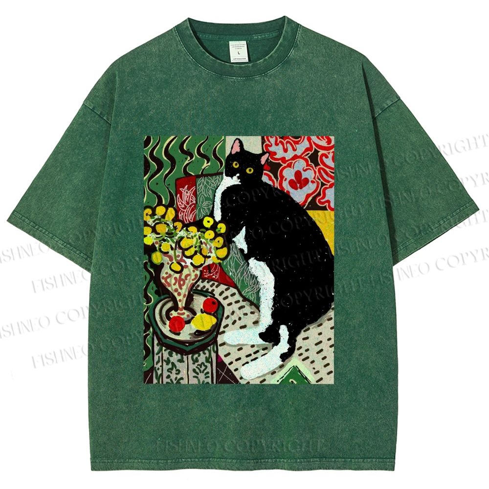 Unisex Cat Painting Printed Washed Tee