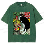 Unisex Cat Painting Printed Washed Tee