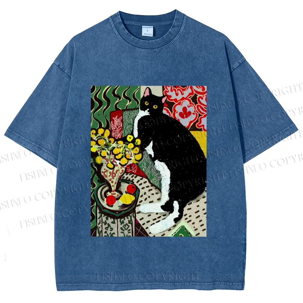 Unisex Cat Painting Printed Washed Tee