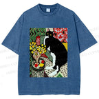 Unisex Cat Painting Printed Washed Tee