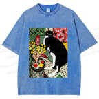 Unisex Cat Painting Printed Washed Tee