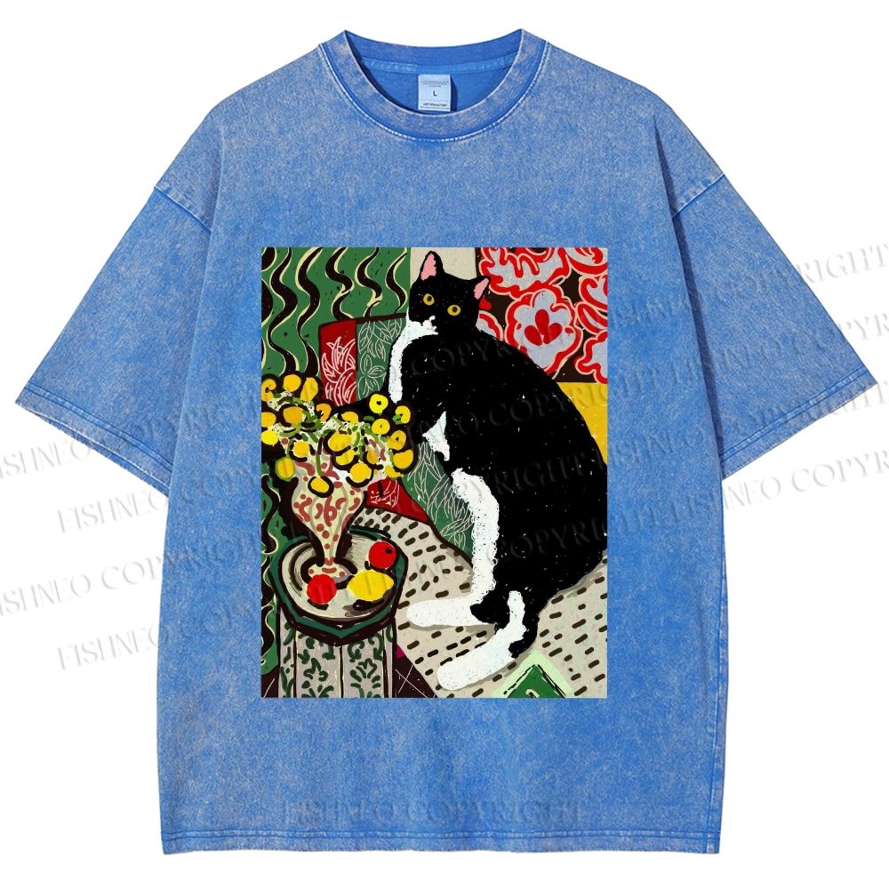 Unisex Cat Painting Printed Washed Tee