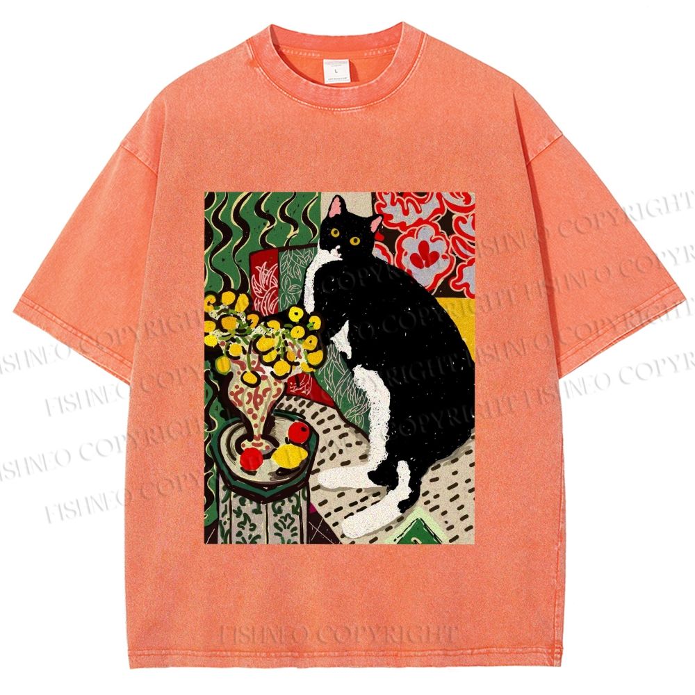 Unisex Cat Painting Printed Washed Tee
