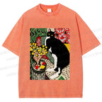 Unisex Cat Painting Printed Washed Tee