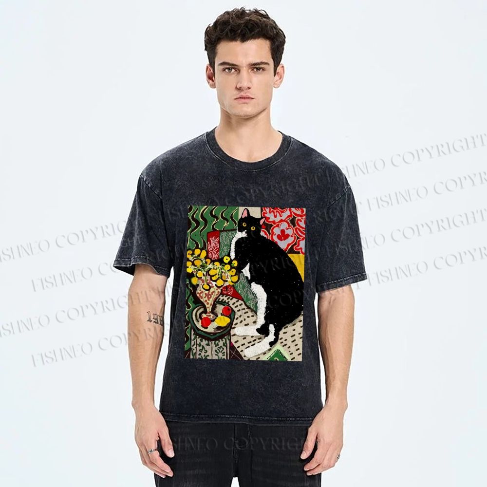 Unisex Cat Painting Printed Washed Tee