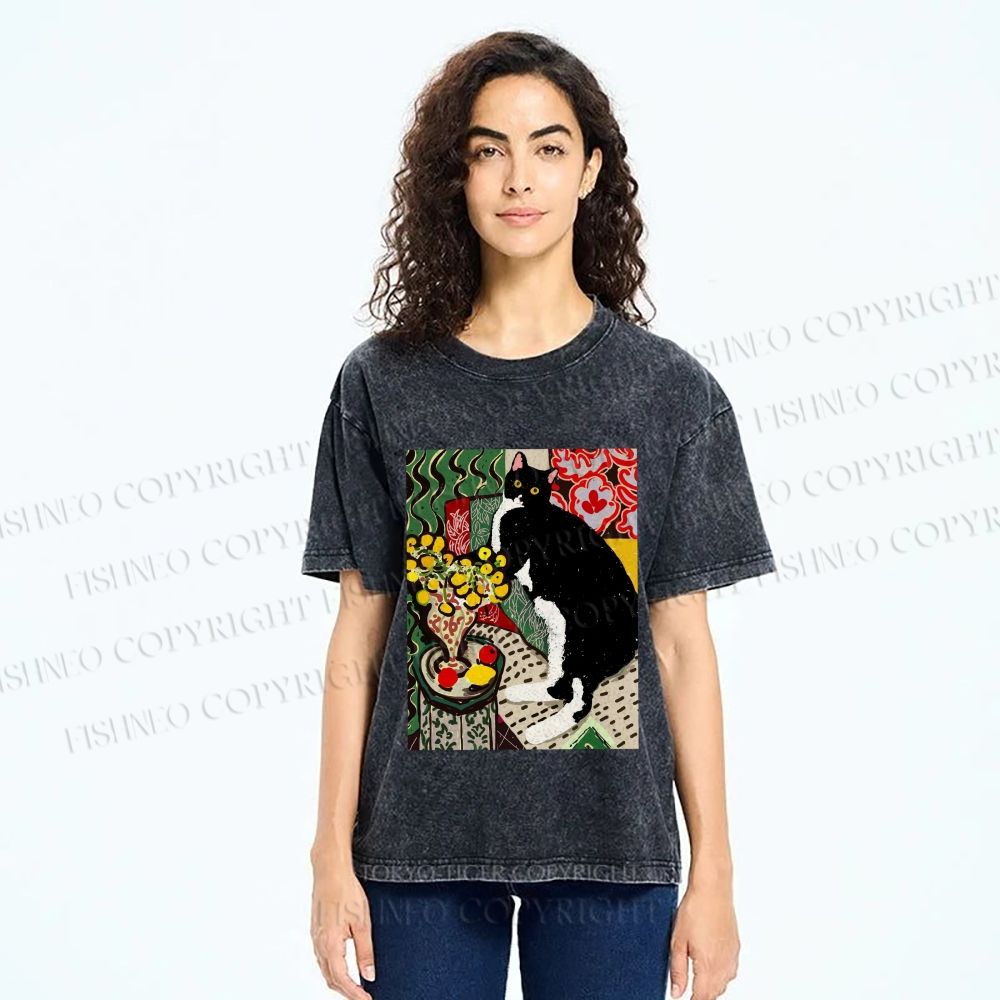 Unisex Cat Painting Printed Washed Tee
