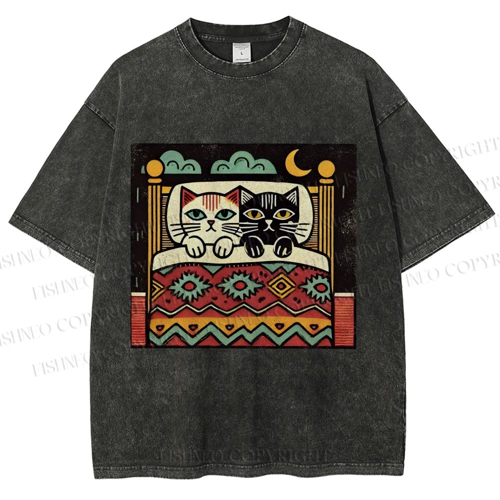Unisex Vintage Cat Printed Washed Tee