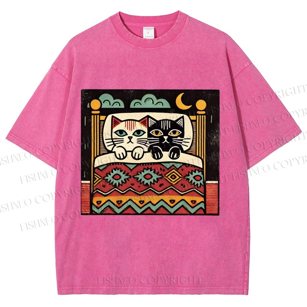 Unisex Vintage Cat Printed Washed Tee