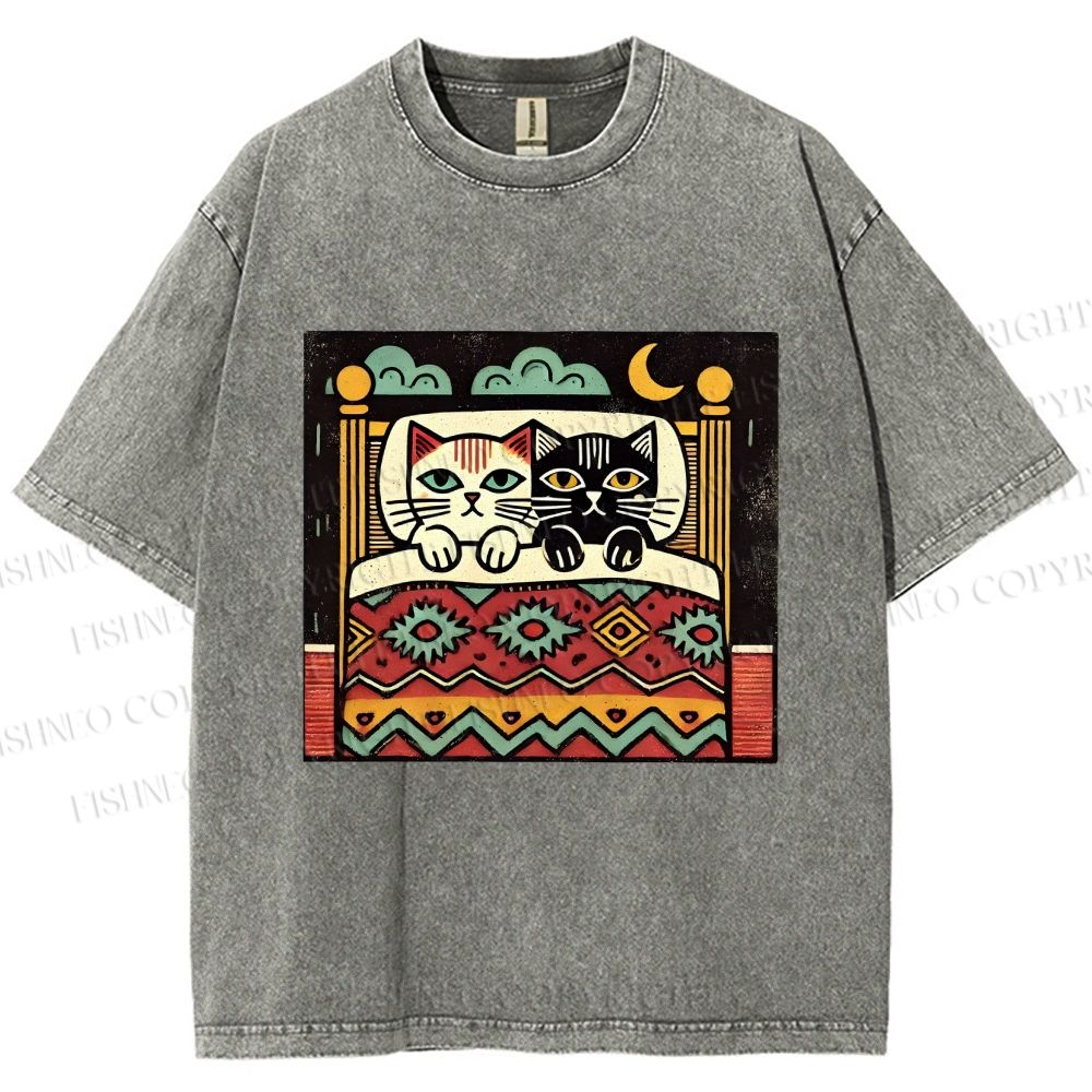 Unisex Vintage Cat Printed Washed Tee