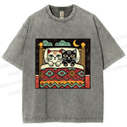 Unisex Vintage Cat Printed Washed Tee