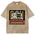 Unisex Vintage Cat Printed Washed Tee