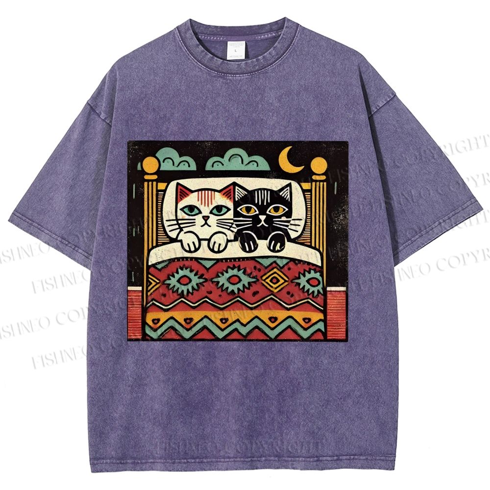 Unisex Vintage Cat Printed Washed Tee
